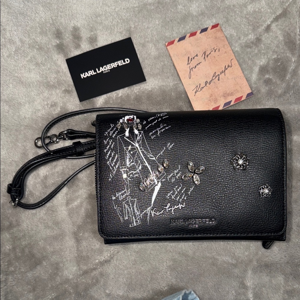Karl Lagerfeld Black Embellished Leather-Effect Crossbody Wallet
